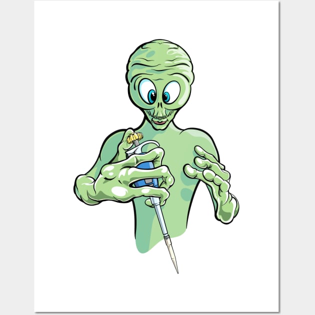 Funny Science Cartoon - Alien Visitor Holding Pipette PCR Wall Art by SuburbanCowboy